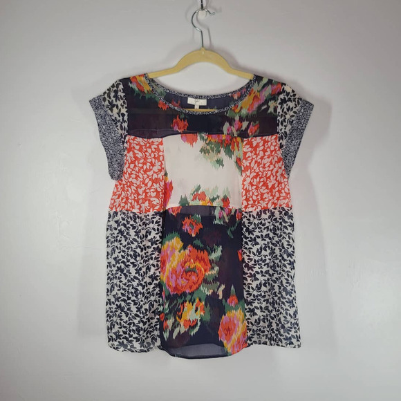 Joie Women's 100% Silk Bohan Floral Patchwork Top Blouse Blue Orange Size Small - Picture 2 of 6